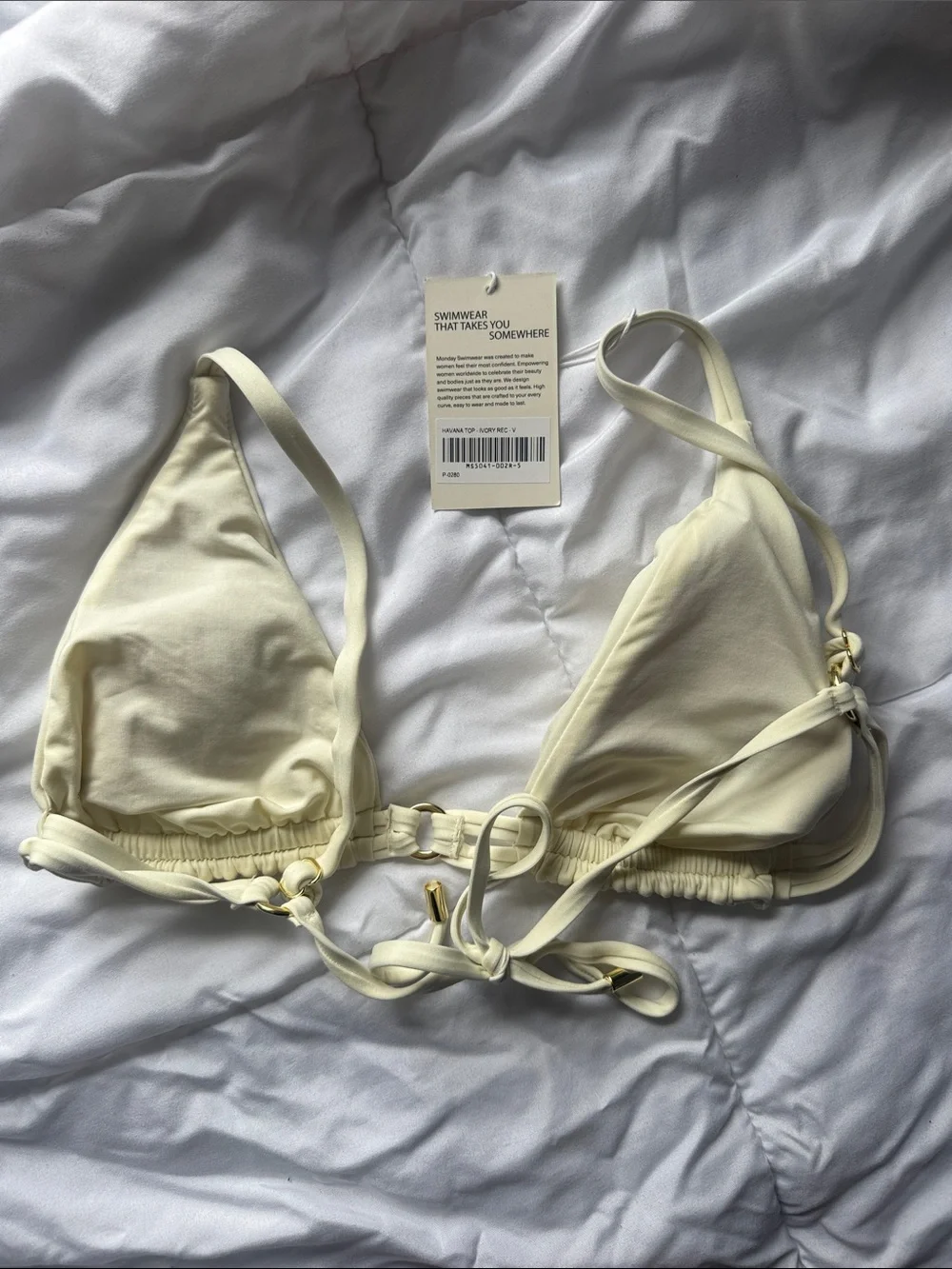 Monday Swimwear Havana Top Ivory Triangle Bikini Top with Ruched Band Size V